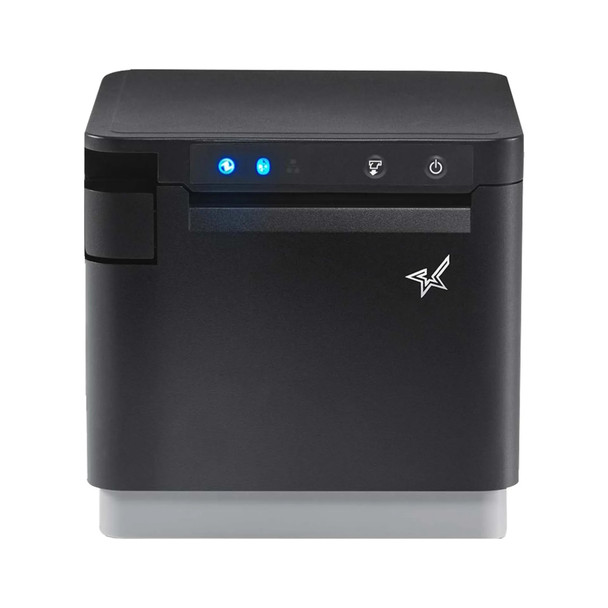 Front view of the black Star Micronics mC-Print3 thermal receipt printer (model 39659310) against a white background. The image highlights its compact, cube-like design with a front-loading paper slot, a light gray base, the Star logo on the bottom right, and an illuminated control panel at the top featuring blue LED status indicator lights for power, Bluetooth connectivity, network status, and error alerts.