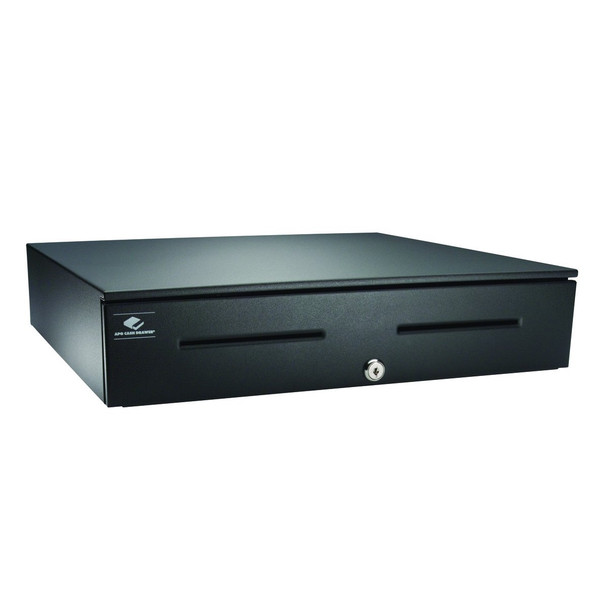 An angled, eye-level studio shot of an APG Series 4000 Heavy Duty Cash Drawer, model JB320-BL1820-C, set against a solid white background. The cash drawer is constructed from durable, matte black steel and is closed. Its front face features two wide, horizontal media slots for slipping checks, receipts, or large bills inside without opening the drawer. A silver key lock is positioned centrally near the bottom edge. On the upper left corner of the drawer front, the white "APG CASH DRAWER" logo is cleanly printed. The lighting highlights the smooth, textured finish of the top and side panels.