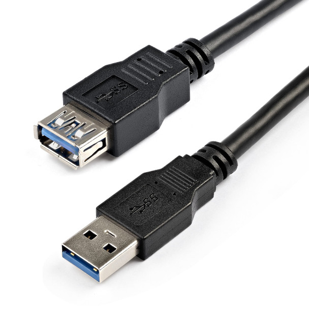 A close-up shot of the two connectors of a black StarTech USB 3.0 extension cable, isolated against a white background.

The top connector is a USB Type-A female port, showing its metallic housing and signature blue plastic insert inside. The bottom connector is a USB Type-A male plug, also featuring a blue plastic insert indicating USB 3.0 SuperSpeed capability. Both black molded plastic connector heads are engraved with the standard USB SuperSpeed "SS" trident logo and feature flexible strain-relief boots where they meet the thick black cabling.