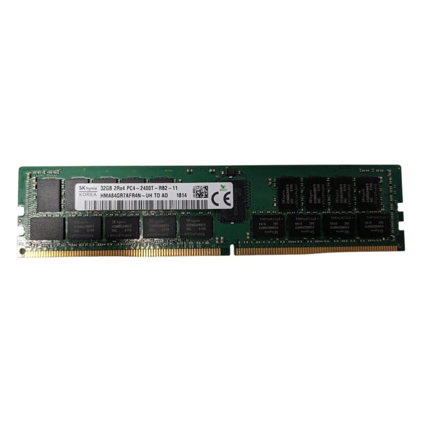An institutional-grade SK Hynix 32GB DDR4 server memory module (RDIMM), photographed horizontally against a plain white background.

The green printed circuit board (PCB) features a white manufacturer's sticker on the left side displaying the SK Hynix logo, specifications "32GB 2Rx4 PC4-2400T-RB2-11", and the model number "HMA84GR7AFR4N-UH TD AD". Across the lower half of the board, a row of black rectangular DRAM memory chips are visible, aligned just above the gold-plated connector pins running along the bottom edge.