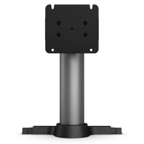 An Elo rear-facing customer display pole mount kit (model E038989), photographed from a straight, front-facing perspective against a solid white background.

The assembly stands vertically, featuring a square black VESA mounting interface plate at the top with pre-drilled mounting holes. This plate is supported by a thick, cylindrical silver metal neck pole. The bottom of the pole is anchored into a wide, flared black mounting base structure designed to interface with an X-Series system stand.