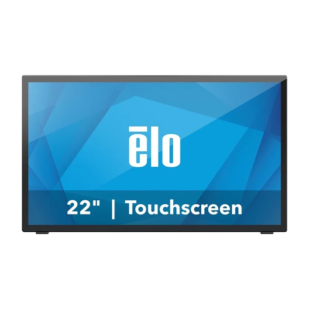 An Elo 21.5-inch widescreen touchscreen monitor (70L-Series / model E510259), shown from a straight, front-facing perspective against a solid white background.

The monitor features a modern, flat front design with an ultra-slim black bezel border. The active display screen shows a bright blue geometric backdrop composed of overlapping polygonal shapes, dominated by a large white "elo" logo in the center and the prominent white text "22" | Touchscreen" spanning the lower banner area.