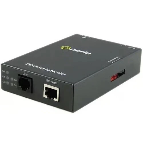 A black Perle Ethernet Extender unit angled to show the front and side panels against a plain white background. The front panel features two labeled ports: a black "Line" port on the left and a silver-shielded "Ethernet" port on the right. To the far left of the front panel are multiple small LED indicator lights labeled PWR, LOC, ILNK, RMT, and ETH. The top surface displays the green and yellow Perle logo in the center and the white text "Ethernet Extender" near the front edge. On the right side panel, a small recessed row of red DIP configuration switches is visible.