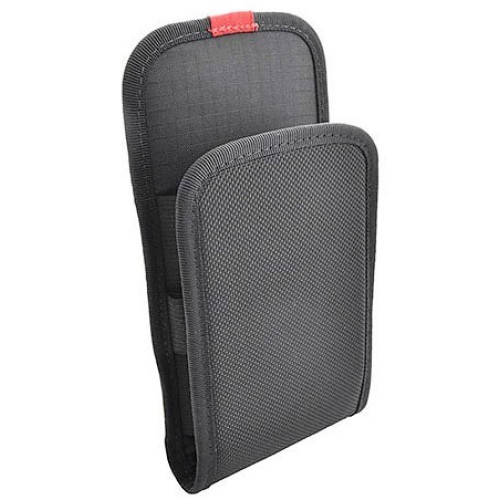 A black UltimaCase ballistic nylon holster shown from a three-quarter angle against a white background. The open-top pouch has a high, reinforced back panel made of cross-hatched ripstop fabric with a small red accent tab at the top center. The lower front pocket features a textured, woven ballistic nylon finish with durable stitched piping around the edges. Elastic side bands are visible, allowing the pouch to expand to fit mobile computing devices.