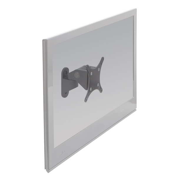 An angled rear view of the black HAT Design Works 9110-HD-104 heavy-duty wall mount attached to a semi-transparent flat-screen monitor template, highlighting its compact, single-pivot design.