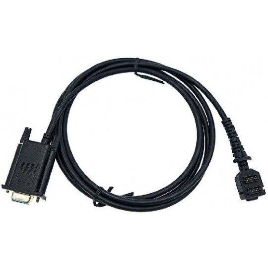 Product shot of the black, coiled Verifone CBL282-031-02-A powered serial interface cable isolated against a white background, displaying a standard DB9 female connector with thumbscrews on the host side and a dual multi-pin proprietary interface connection on the terminal side.
