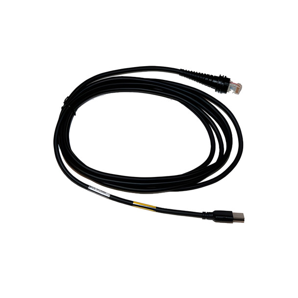 Product image of the black Honeywell CBL-500-300-S00 straight USB scanner interface cable coiled in a circle against a white background. The top end features a modular RJ45 plug with heavy-duty strain relief molding, and the bottom end transitions to a standard USB Type-A male connector.