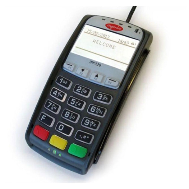 High-angle product photo of a black and silver Ingenico iPP320 POS PIN pad terminal isolated against a white background. The device features a backlit monochrome LCD screen displaying a "WELCOME" prompt, four grey function navigation keys, a 15-button alphanumeric keypad layout, and prominent red, yellow, and green function keys at the bottom, with a black data cable exiting from the top.