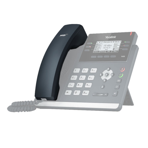 A three-quarter perspective product view focusing on the dark grey Yealink YEA-T42-HND replacement handset resting on a faded out, semi-transparent Yealink T42G IP phone console base. The ergonomic curve of the handset is highlighted from the side, showing the crisp silver "HD" branding near the earpiece zone on a solid white background.