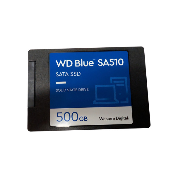 A top-down product view of a black 2.5-inch Western Digital internal solid-state drive against a plain white backdrop. The drive features a prominent rectangular label split horizontally into a vibrant blue top section and a crisp white bottom section. The blue area displays "WD Blue SA510 SATA SSD" and "SOLID STATE DRIVE" in white text alongside a minimal outline icon of a laptop and desktop computer. The bottom white section clearly features "500GB" in dark blue next to the "Western Digital" brand logo.