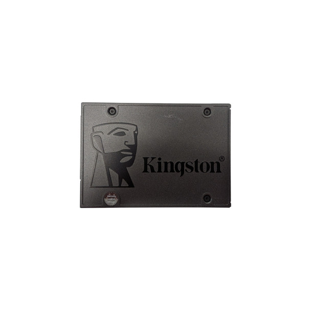 A flat-lay view of the front face of the dark textured metal Kingston A400 solid-state drive, set against a solid white backdrop. The perspective shows the embossed, stylized Kingston icon portrait logo on the right side and the black script "Kingston" brand name centered. One small, circular security hologram sticker labeled "warranty void if removed" is positioned on the bottom edge. The SATA connection port is oriented to the left.
