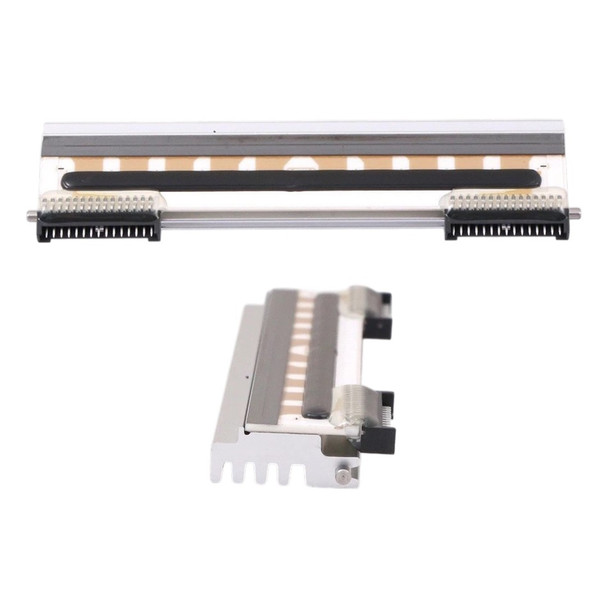 A product layout containing two views of an NCR replacement thermal printhead against a plain white background. The top view displays the wide, flat metallic front face of the ceramic heating array element, featuring layered gold and dark grey conductive strips bordered by twin sets of fine black micro-pins at each bottom corner. The bottom view shows the same component angled on its side, highlighting the silver aluminum heat-sink chassis with cooling fins along its base and a small steel positioning pin protruding from the side profile.