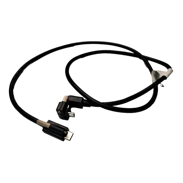 Full view of the coiled 1-meter black NCR Voyix remote keyed USB-C POS terminal cable, displaying both specialized connector ends—one straight-angle and one right-angle—each with specialized thumbscrews, isolated on a white background.