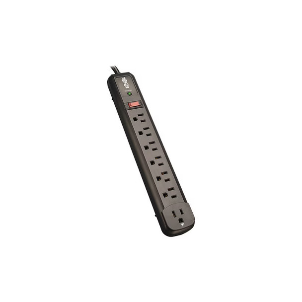 Angled view of a black Tripp Lite 7-outlet surge protector (TLP74RB), displaying seven parallel NEMA 5-15R standard outlets, a green diagnostic LED, a red illuminated power switch, and a black power cord emerging from the top, all isolated against a white background.