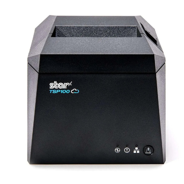 Front view of a dark gray Star TSP100 thermal receipt printer isolated on a white background. The "star TSP100" logo with a blue cloud graphic is printed on the left side of the front panel. Small status indicator icons and a paper feed button are positioned along the bottom right corner.