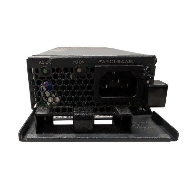 Front faceplate of a black Cisco PWR-C1-350WAC power supply module showing a honeycomb ventilation grill, AC OK and PS OK LED indicators, and a standard C14 power inlet plug.