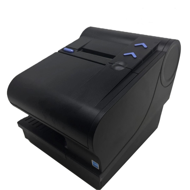 High-angle view of a raven black Toshiba 6145-2TC thermal receipt printer showcasing its dual-station layout, check entry slot, and top-mounted control buttons.