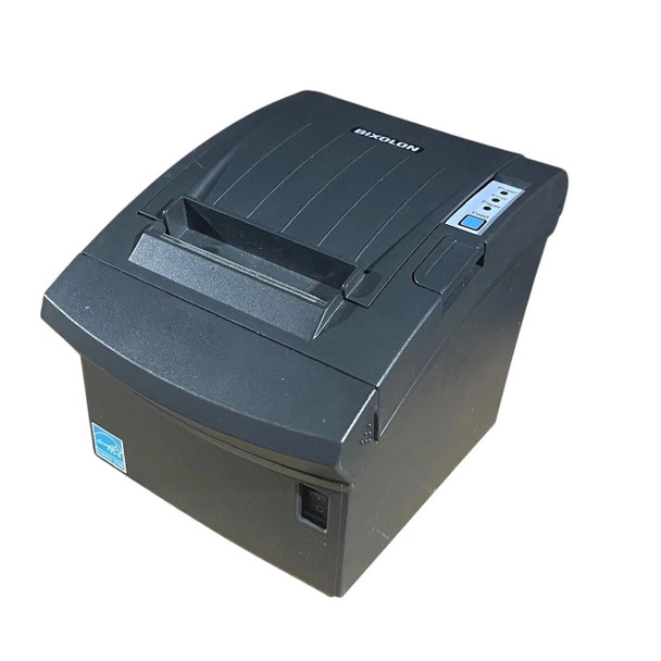 Angled front-facing view of a dark gray Bixolon BGT-102PG/SPR thermal receipt printer against a white background. The top panel shows the Bixolon logo, a paper feed slot, and an LED indicator control panel with Power, Error, Paper, and Feed options. An Energy Star sticker is visible on the bottom left corner.