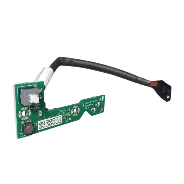 An angled product view of the toshiba-led-and-power-switch-card-with-cable-for-toshiba-ibm-surepos-700-4900-7x6-tsjb0063604.jpg internal assembly against a white background. The green L-shaped printed circuit board features a gray plunger power button, a small tactile switch labeled DSW1, and technical silk-screening reading POWER SWITCH CARD TSJB0063604 REV 04. A black insulated wiring harness extends upward from the board, terminating in a multi-pin connector link.