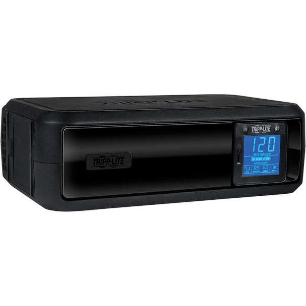 A perspective view of the black matte housing positioned horizontally in Tripp Lite OmniSmart 900VA 475W Line-Interactive UPS System. The front face features a glossy, reflective black inlay panel with a recessed Tripp Lite logo badge positioned near the left-center. On the far right of the front panel, an integrated square LCD diagnostic screen glows with a bright blue backlight, clearly displaying a digital readout of "120" under the input voltage indicator, alongside status icons for battery capacity, AVR, battery replacement, on-battery mode, and system fault.