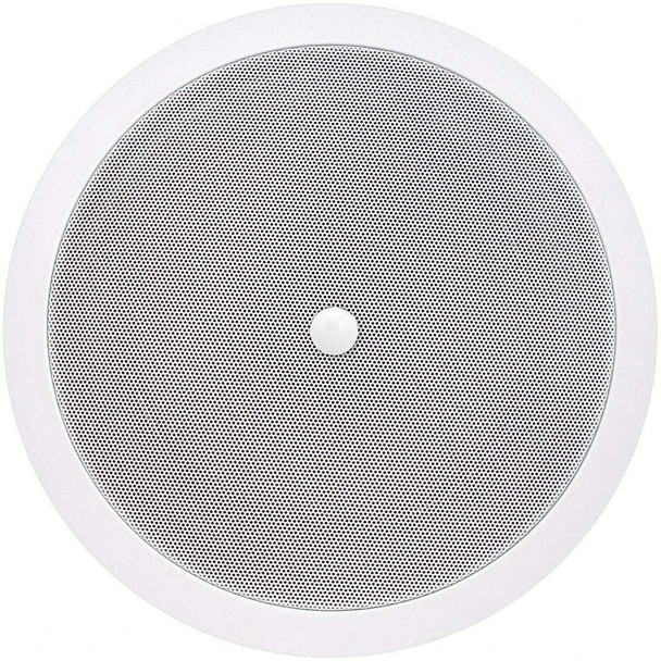 A top-down product view of a circular, off-white Speco Technologies commercial in-ceiling speaker against a plain white background. The speaker features a clean, uniform steel mesh grille surrounded by a matching outer plastic baffle frame. A small, smooth white volume control knob is centered directly in the middle of the grille faceplate.