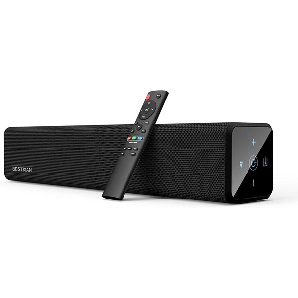 Product shot of the black Bestisan soundbar positioned at an angle on a clean white surface. A slim, black remote control rests vertically against the middle of the speaker grille, highlighting both the fabric texture of the front panel and the glossy touch-control interface on the right endcap.