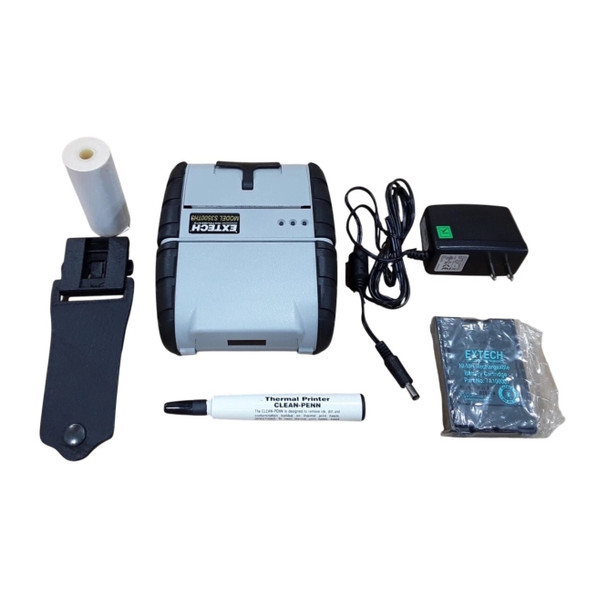 Product bundle view of the Extech S3500THS 3-inch portable thermal printer in a black and grey housing, arranged on a white background with its included accessories. The kit features a roll of thermal paper, a black leather belt clip holster, a white thermal printer cleaning pen labeled "CLEAN-PENN", an AC power supply adapter with its cord, and an Extech Ni-MH rechargeable battery cartridge sealed in clear plastic packaging.