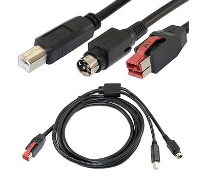 Product image of the NCR 24V PoweredUSB Y-cable against a white background. The bottom shows the full coiled black cable splitting at a molded junction. The top displays a close-up of the three connectors: a standard USB Type-B male connector, a circular 3-pin Hosiden power connector, and a red 24V PoweredUSB connector labeled "24V".