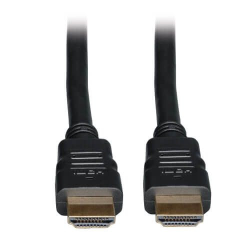 Product image showing a close-up, front-facing view of both male connectors of a black Tripp Lite high-speed HDMI cable, highlighting the gold-plated contacts and durable molded strain relief boots against a plain white background.