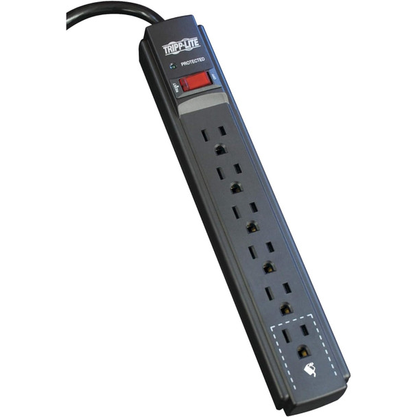 A top-down overview of the black Tripp Lite TLP606B surge protector. The strip features the Tripp Lite logo, a green "Protected" LED light, an illuminated red power/reset switch, and 6 standard outlets, with the bottom end outlet outlined in a dashed line to indicate wider spacing for transformer blocks.