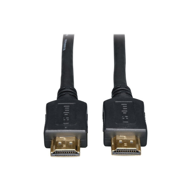 A close-up view of the two gold-plated male HDMI connectors side-by-side, highlighting the textured over-molded black plastic boots, embossed HDMI logo, and integrated strain relief.