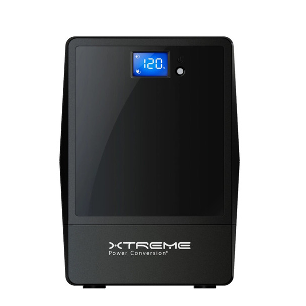 Straight-on view of the matte black front panel of the Xtreme Power Conversion Line-Interactive UPS - S71-700, featuring a bright blue square digital LCD screen displaying "120 V" next to a small white power button, with the white Xtreme Power Conversion logo printed clearly across the bottom section.