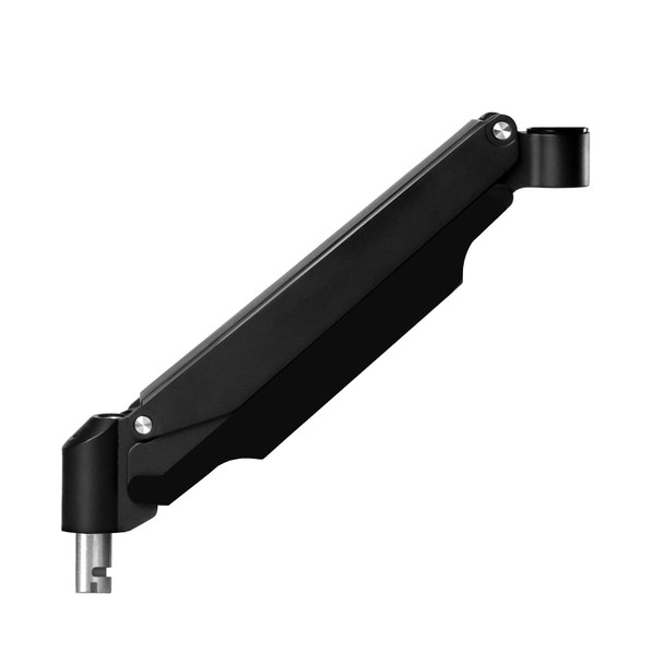 A black, height-adjustable articulating POS arm shown from a side profile against a solid white background, illustrating its heavy-duty aluminum build and dual-pivot design.