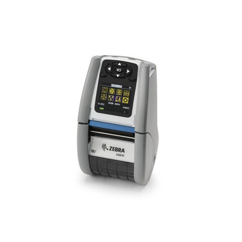A Zebra ZQ610 Healthcare mobile label printer stands upright against a white background. The device has a light gray medical-grade plastic body with a prominent blue accent line running across the middle. Its small color LCD screen is powered on, displaying yellow menu icons on a dark background. Below the screen, the silver-plated front panel features the Zebra logo and the model name "ZQ610" printed clearly above a dark translucent media bay door.