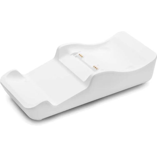 An angled, top-down view showing the sleek, ergonomic profile of the empty white PAX L920 charging dock on a clean white background. The contoured cradle is designed to securely hold a handheld payment terminal, featuring a central indentation that exposes the gold 6-pin POGO charging contacts.