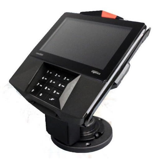 A black Ingenico Lane series payment terminal mounted on a low-profile Havis ENS round swivel stand, isolated on a white background. The terminal is angled upward for easy user interaction, showing its large blank display screen, numeric keypad, and a red-accented card-slot indicator at the top. The sturdy, low-contour round metal base below features visible mounting holes for secure counter installation.