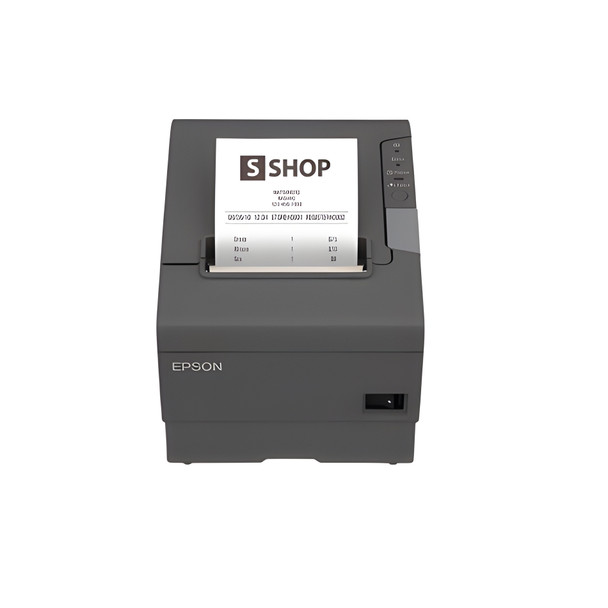 Front-facing view of a dark gray Epson TM-T88V thermal receipt printer dispensing a sample printed receipt with a "Shop" logo, showing the clean front casing design and interface layout on a white background.