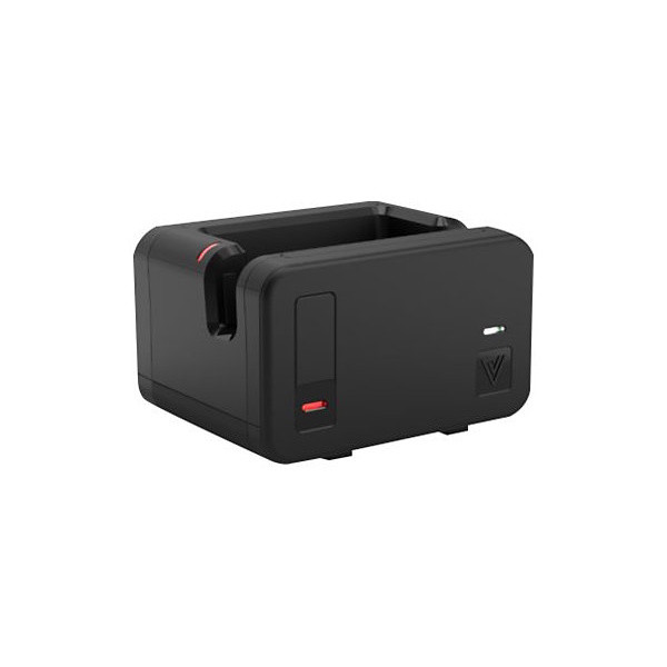 Angled three-quarter view of a black VAULT Connect single-bay tablet charging dock station, showcasing the top insertion slot, a small green LED status indicator light above a square "V" logo on the front right, and a red illuminated port on the side panel against a white background.