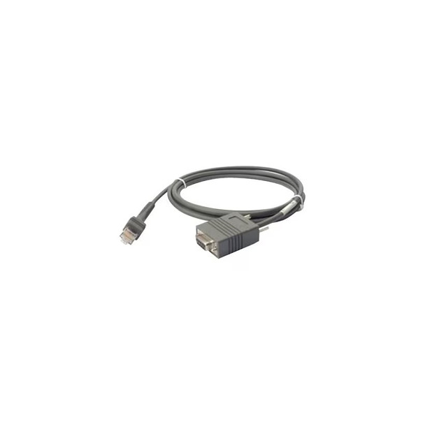 A coiled grey Zebra RS-232 serial DB9 barcode scanner cable featuring a female DB9 connector with thumbscrews on one end and an RJ45 modular plug on the other, isolated on a white background.