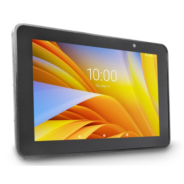Three-quarter angled view of the Zebra ET51 8.4" rugged enterprise Android tablet with its screen illuminated, displaying a bright yellow and orange abstract wave wallpaper with a lock screen clock showing 10:00, isolated on a white background.