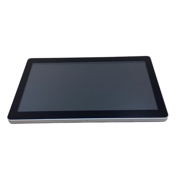 Front angled perspective of the Elo I-Series 3.0 widescreen touch computer panel resting flat, showcasing its clean edge-to-edge glass display with a thick black outer bezel and a slim metallic silver perimeter trim.