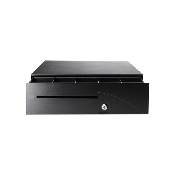Straight-on front view of the matte black HP heavy-duty cash drawer slightly pulled open, revealing the top edges of the internal plastic currency bill compartments, and highlighting the front face interface containing a wide media slot, a legacy silver keyhole lock, and an embossed HP logo on the left.