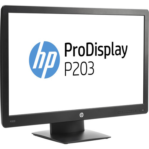 Three-quarter perspective view from the right side of the HP ProDisplay P203 monitor, highlighting the matte black outer bezel frame, clean screen graphics, and the low-profile rectangular desktop mounting base.