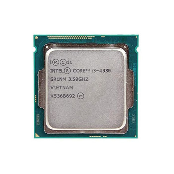 Direct overhead shot of the front side of the Intel Core i3-4330 desktop processor, highlighting the silver metallic integrated heat spreader (IHS) laser-etched with the Intel logo, model number i3-4330, sSpec code SR1NM 3.50GHZ, country of origin Vietnam, and batch serial code X536B692.