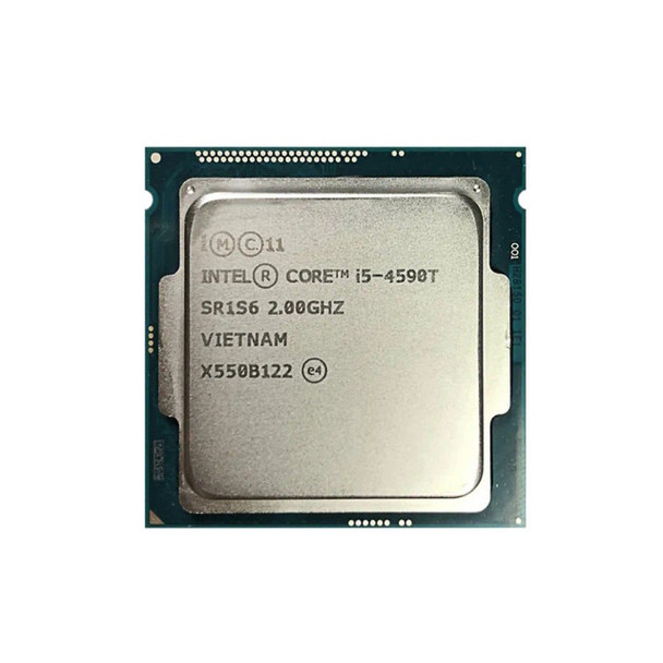 Direct overhead shot of the front side of the Intel Core i5-4590T desktop processor, displaying the square silver metallic integrated heat spreader (IHS) laser-etched with the Intel logo, Core i5-4590T brand markings, sSpec identifier SR1S6 2.00GHZ, country of origin Vietnam, and batch code X550B122.