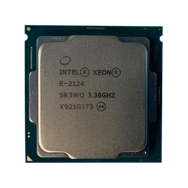 Direct front-facing view of the Intel Xeon E-2124 server processor, featuring a square silver metallic integrated heat spreader (IHS) laser-etched with the Intel logo, Xeon brand name, model E-2124, sSpec code SR3WQ 3.30GHZ, and manufacturing batch serialization code X921G173.