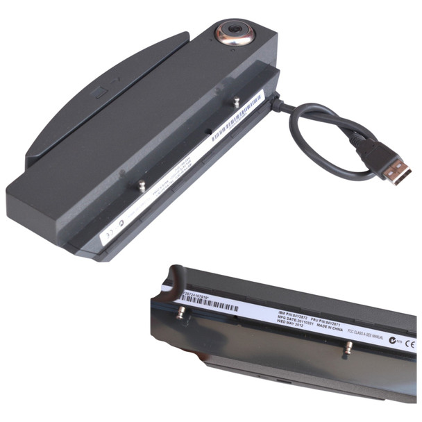 Two views of a dark gray IBM/Toshiba SurePOS magnetic stripe reader module against a white background, featuring the full device with a card slot and attached USB cable on top, and a close-up below showing the manufacturer white label with a barcode, part numbers 84Y2872 and 84Y2871, and two metal mounting pins.