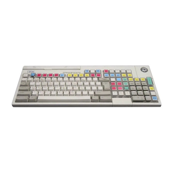 An off-white IBM-branded ANPOS point-of-sale keyboard against a white background, showing a standard QWERTY alphanumeric layout on the left, a numeric keypad on the far right, and a matrix of custom blue, red, yellow, and green programmable functional keycaps arranged above and between them.