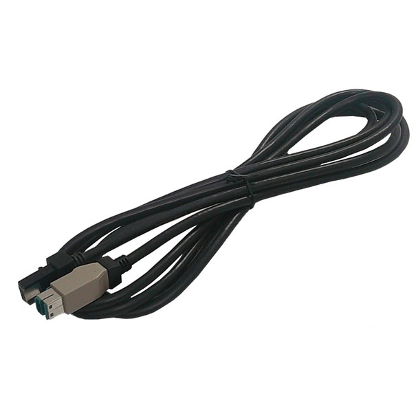A coiled black NCR PoweredUSB 12V POS control cable against a solid white background, secured in the center with a black twist tie. On the bottom left, the specialized multi-pin connectors are visible, featuring one black connector housing and one grey connector housing with a green interface insert.