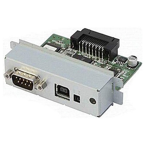 An Epson Connect-It printer interface card shown from a three-quarters angle against a plain white background. The front features a silver metallic mounting bracket holding a male DB-9 pin serial port with hex screw locks, a standard USB Type-B female port, and two tiny configuration switches labeled 1 and 2. The green printed circuit board extending out the back holds a black multi-pin connector slot and various surface-mounted electronic components.